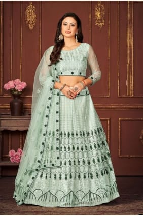 Filet bleu ciel Lehenga Choli brodé LC7551