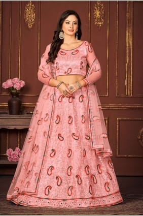 Filet Lehenga Choli brodé pêche LC7552