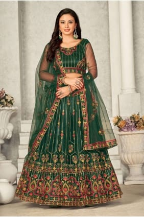 green lehenga choli in net with embroidered LC7553