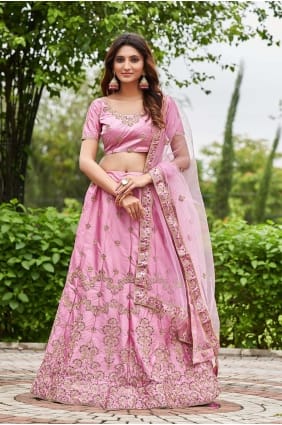 Lehenga Choli en satin rose avec brodé LC7564