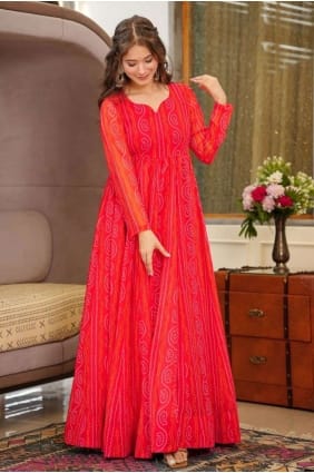 Robe robe rouge en georgette imprimée numérique avec Dupatta GW0702