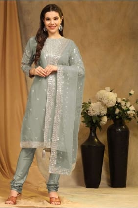 embroidered faux georgette straight pant suit in pista with dupatta SK153876
