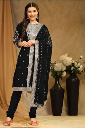 faux georgette straight pant suit in black with embroidered SK153877