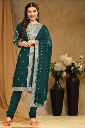 faux georgette rama green straight pant suit in embroidered SK153880