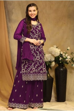 Costume palazzo violet en georgette brodée PZ3854
