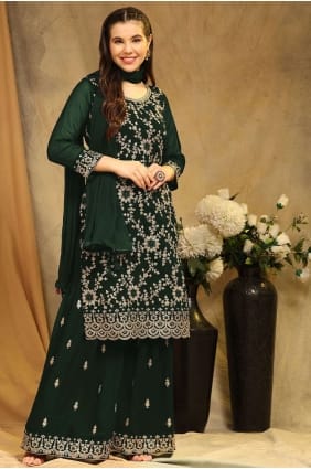 Tailleur palazzo en georgette brodé vert avec dupatta PZ3855