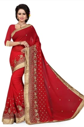 Georgette brodée Saree rouge SR25963