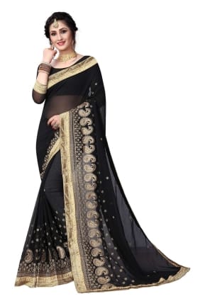 Sari Georgette Brodée Noir SR25969