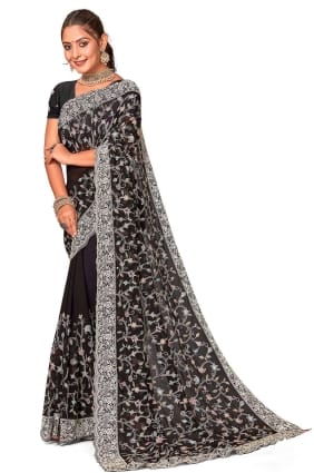 Sari en Georgette Noire Brodée SR25970