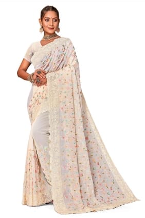 Saris en georgette brodé blanc cassé SR25971