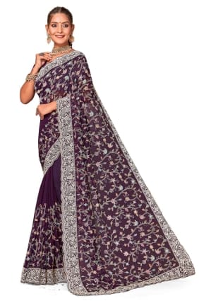Saree violet en georgette brodée SR25972