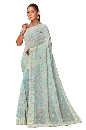 embroidered georgette sari in mint  with blouse SR25977