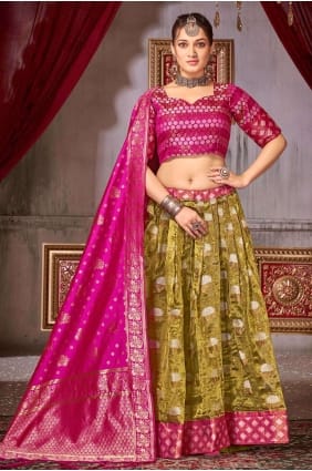 weaving lehenga choli in mahendi jacquard silk LC7587