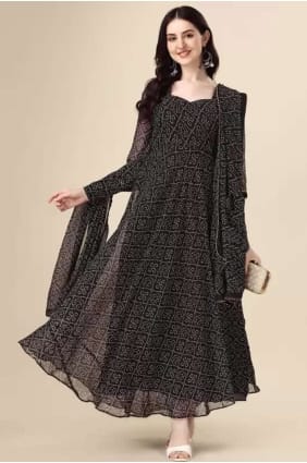 printed georgette gown dress in black GW0727