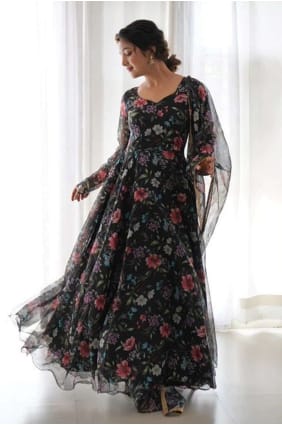 black gown dress in georgette with printed GW0728