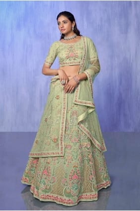 embroidered net green lehenga choli with dupatta LC7579