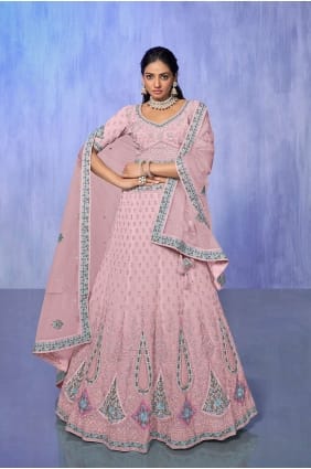 Georgette Lehenga Choli brodée rose LC7590