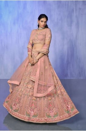 Filet brodé Lehenga Choli Peach avec Dupatta LC7596