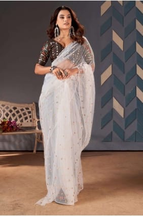 sari en filet blanc avec paillettes SR26157