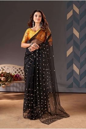 Saris en filet à paillettes en noir SR26159