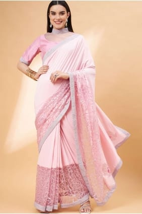 Main en Lycra, paillettes, chemisier Saree rose brodé SR26161
