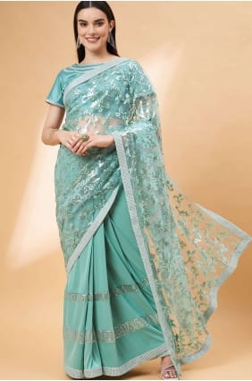 aqua green hand,sequins,embroidered sari in lycra SR26162