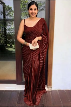 plain satin sari in maroon SR26173