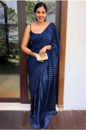 satin plain neavy blue  sari with blouse SR26174