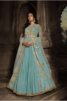 anarkali suit in sky blue net with embroidered AS3794