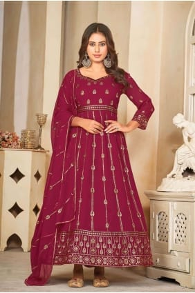 Costume Anarkali en filet brodé en rose AS3828