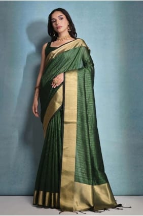 Saree vert en soie brute Banarasi imprimé SR26571