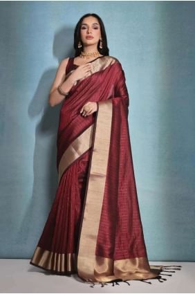 Saree en soie brute Banarasi marron avec imprimé SR26573