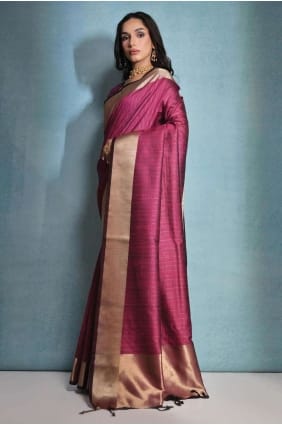 Sari en soie brute Rani Pink Banarasi avec imprimé SR26575