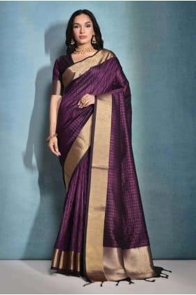 Saree en soie brute Banarasi imprimé en vin SR26576
