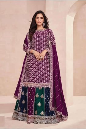 Costume Sharara violet en mousseline de soie avec broderie SS1129
