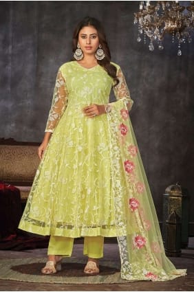Costume Anarkali jaune en filet brodé AS3832