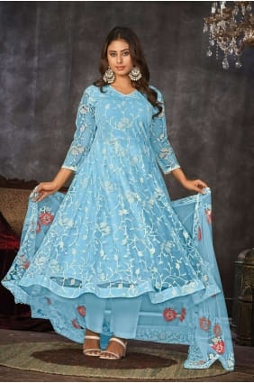 Costume Anarkali en filet avec broderie en bleu Sku AS3833
