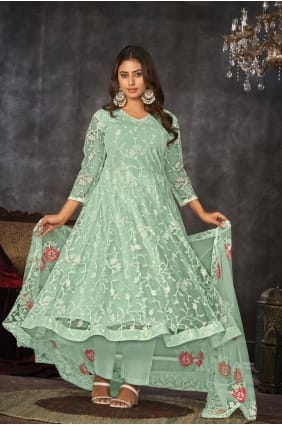 Costume Anarkali en résille brodé vert clair SK154585