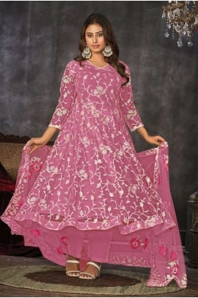 Costume Anarkali rose en filet brodé AS3835