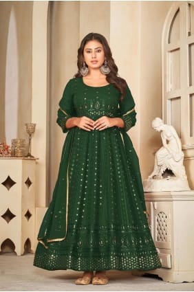 Costume Anarkali vert brodé en georgette avec dupatta AS3838
