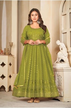 Costume en georgette anarkali vert clair avec broderie AS3839