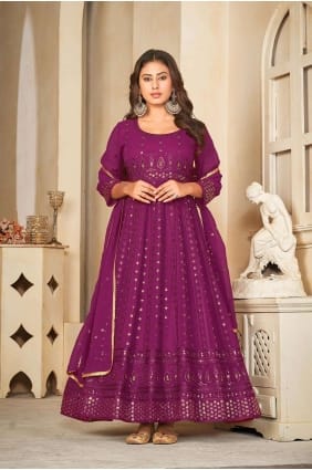 Costume Anarkali violet en georgette avec broderie AS3840