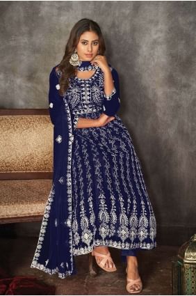 Costume Anarkali en filet brodé en bleu avec Dupatta AS3845
