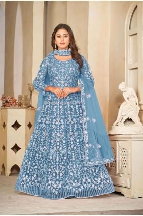 Costume Anarkali en filet brodé bleu clair AS3848