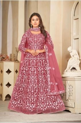 Costume Anarkali orange en filet brodé AS3849