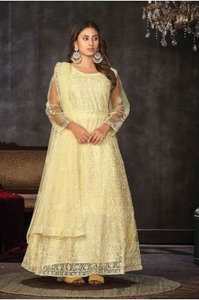 Costume Anarkali en filet jaune avec broderie AS3850
