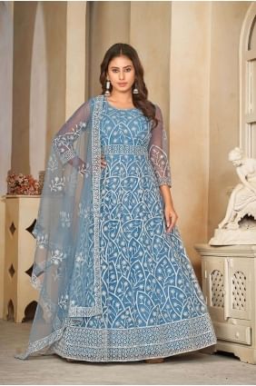 Costume Anarkali bleu ciel brodé en filet avec Dupatta AS3851