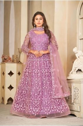 Costume Anarkali violet clair en filet brodé avec Dupatta AS3852
