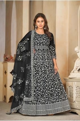 Costume Anarkali Brodé Noir en Filet AS3853