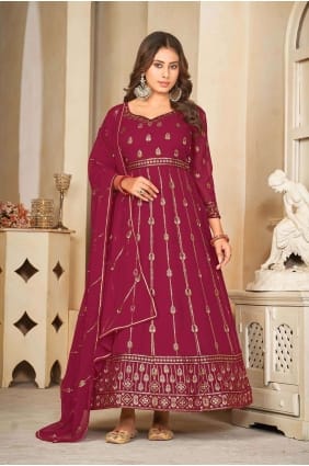 Costume Anarkali en georgette brodée rose foncé AS3854